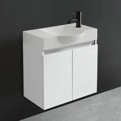 Produktbild von Alpenberger Waschbecken mit Unterschrank | Waschtisch Weiß | Waschbeckenunterschrank 55 cm Breit | Aufsatzwaschbecken Waschbeckenunterschrank | Kleines Gäste WC Möbel Waschtischunterschrank