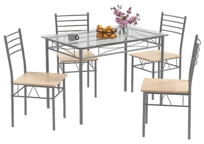 Productafbeelding van Eetkamerset met 4 stoelen, 5-delig: glazen tafelblad, metalen frame. Eetkamer set voor 4 personen