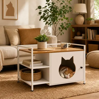 Produktbild von Katzentoilettenschrank - mit Katzenkopf-Einstieg - Beistelltisch mit 2 Regalen - Stauraum - Weiß und Holz