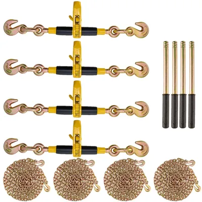 Zdjęcie produktu dla Grzechotkowe spoiwo łańcuchowe VEVOR, spoiwo do dużych obciążeń 5/16"-3/8", z łańcuchami G80, 3220 kg, bezpieczny limit obciążenia, uchwyt antypoślizgowy oszczędzający pracę, do naczep niskopodwoziowych, 4 szt