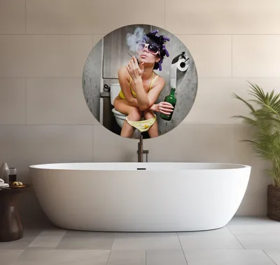 Produktbild von Wallario wasserfestes Poster selbstklebend 90 x 90 cm, Kloparty - Sexy Frau auf Toilette Zigarette & Schnapsflasche - farbig, Badezimmerposter Spritzschutz mit Hochglanzoberfläche in Glasoptik