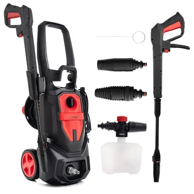 A black and red pressure washer and its accessories are displayed against a white background.