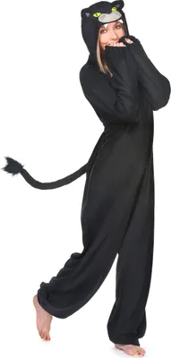 A woman wearing a black panther costume.