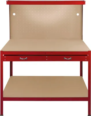 Obrázok produktu pre Pracovný stôl, červený, dielenský, s dierovanou stenou, zásuvkou, LED osvetlením, DIY, drevený, na náradie, vybavenie dielne, úschova náradia, nosnosť 370 kg, 40 háčikov, gumová palica