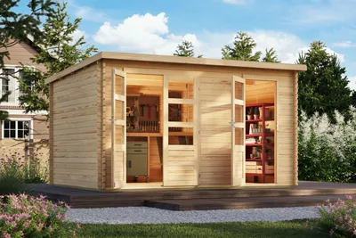 Produktbild von Karibu Gartenhaus Blockbohlenhaus Zweiraumhaus ARBUS naturbelassen 417x297x237cm mit extra hoher Tür