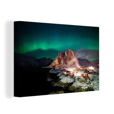 Produktbild von OneMillionCanvasses® - Leinwandbilder - 150x100 cm, Nordlichter - Berg - Haus - Insel, Wandbilder Kunstdruck Wanddekoration