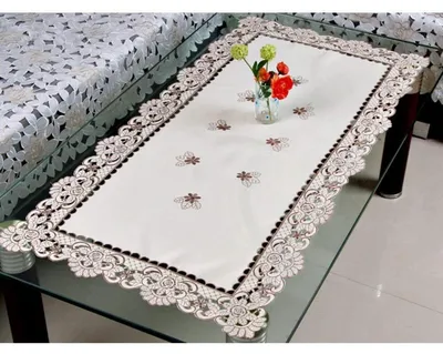 Obrázok produktu pre Výšivá obrus s čipkou, kvetinový vzor, biela farba, štvorcový tvar, 57 x 117 cm