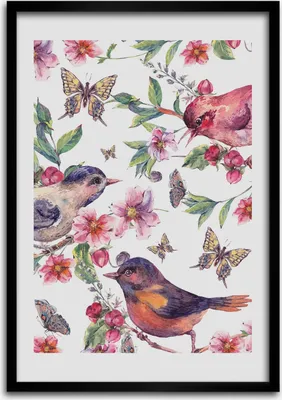 Produktbild von Bild - Bilderrahmen - Foto - 70 cm x 100 cm - MDF - Rahmen - Wandkunst - Vögel Schmetterlinge Blumen