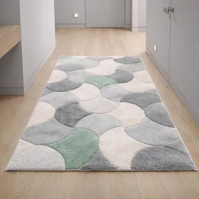 Produktbild von Moderner Teppichläufer grau creme grün mit Konturenschnitt für Flur Größe - 80 x 150 cm