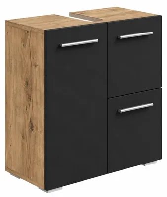 Image de Meuble vasque Mars - Chene chataignier avec noir - 60 x 30 x 60 cm - Meuble de salle de bain, colonne, armoire