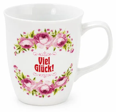 Produktbild von Blumentasse „Viel Glück!“ – Weiße Tasse mit floralem Motiv