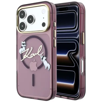 Productafbeelding van Karl Lagerfeld hoesje voor iPhone 18 Pro Max, kunststof, bordeauxrood, met MagSafe, afbeelding: kat Choupette