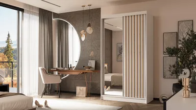 Produktbild von ALTDECOR Kleiderschrank mit Spiegel und Schiebetüren, kugelgelagerte Führungsschienen und Aluminium-Leisten - LAMELO - 120 cm - Weiß/Weiß/Artisan