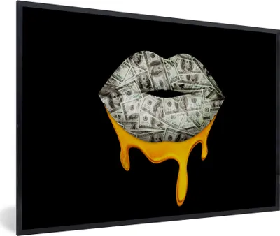 Produktbild von MuchoWow® MuchoWow® Gerahmtes Poster Lippen - Geld - Schwarz - Weiß 60x40 cm - Poster mit zchwarzem Bilderrahmen - Printing - Wanddeko Schlafzimmer