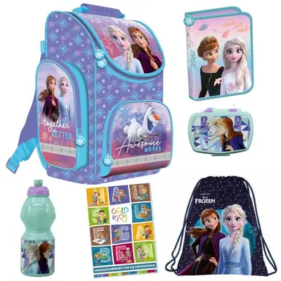 Produktbild von Set 6er Schulranzen Ranzen Tornister Federmappe Turnbeutel Turnsack Brotdose Trinkflasche Aufgabenheft für die Grundschule Frozen Eiskönigin Motiv