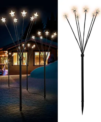 A collage of two images showing LED garden lights shaped like stars. The left image shows them in a snowy garden setting at night, with a house in the background. The right image shows a single light stake on a white background.