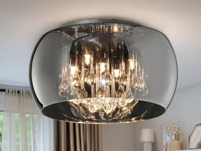 Produktbild von Ausgefallene LED Deckenleuchte mit Glasschirm Chrom & Kristallbehang Ø 40cm