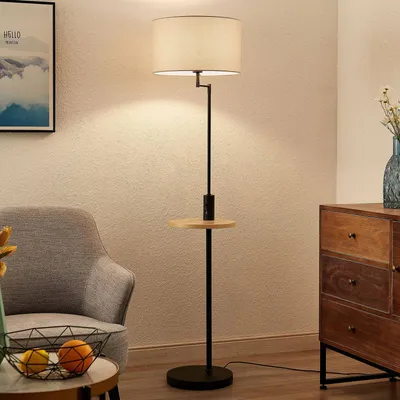 Produktbild von Lindby Stehlampe Zinia, schwarz, Ablage, USB-Anschluss
