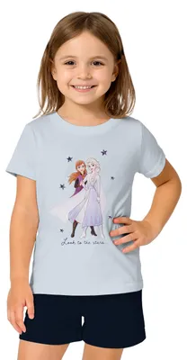Produktbild von Disney Frozen - Die Eiskönigin Schlafanzug für Mädchen - Look to the Stars Kinder Pyjama Set Kurzarm Oberteil mit Hose Blau/Schwarz 134-140