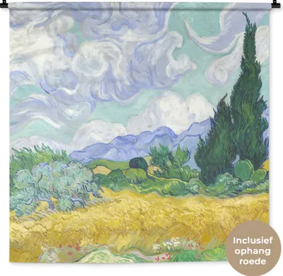 Produktbild von MuchoWow® Wandteppich Wandbehang Weizenfeld mit Zypressen - Vincent van Gogh 150x150 cm Tapisserie Dekoration Wandtuch - Wohnaccessoires - Modernes