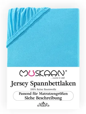 Produktbild von Müskaan Jersey Spannbettlaken 120x200 - 130x200 cm türkis bis 22cm Matratzenhöhe Gummizug Bettlaken 100% Baumwolle