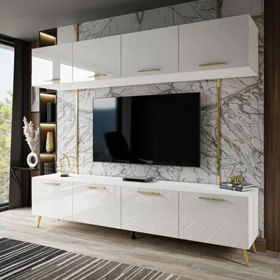 Produktbild von Wohnwand AURA mit Griffen weiß hochglanz, goldene Beine und Griffe+ LED