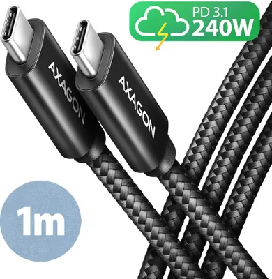 Produktbild von Axagon BUCM2-CM10AB Ladekabel, USB-C zu USB-C 2.0, 1 m, PD 240 W 5 A, ALU - Schwarz - 1 Meter langes USB-C zu USB-C Kabel - Daten- und Ladefähig, 1 m, USB C, USB C, USB 2.0, 0,48 Gbit/s, Schwarz