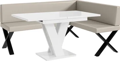Produktbild von MEBLINI Eckbank für Esszimmer mit ausziehbarem Tisch - Küchenbank - Essecke - Sitzecke Küche - TONI - X-Beine 128x168x87cm Rechts - Beige Kunstleder/M Weiß Hochgl.