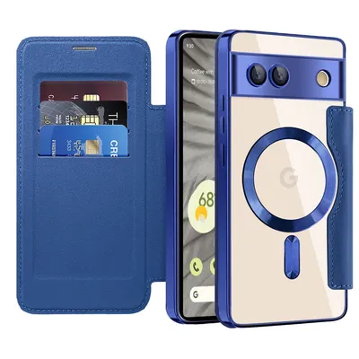 Produktbild von Klapphülle für Google Pixel 7A Kompatibel mit Magsafe, Klar Überzug Kartenhalter Ledertasche mit Kameraschutz Blau