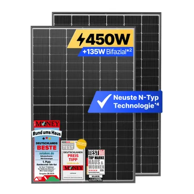 Produktbild von Solakon® Solarmodul 450W Bifazial Glas-Glas N-Type – Full Black PV Modul 40V für Balkonkraftwerk (1 Stück)