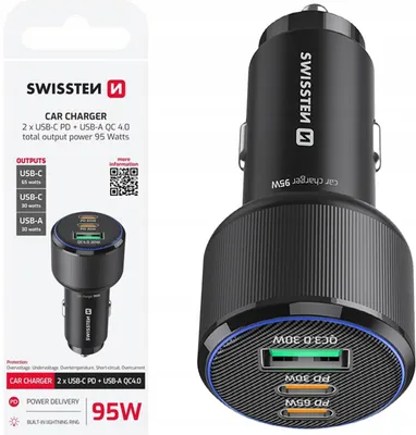 Zdjęcie produktu dla Swissten Ładowarka Samochodowa Kompaktowa 2 X Usb-c Pd Usb-a Qc 95w