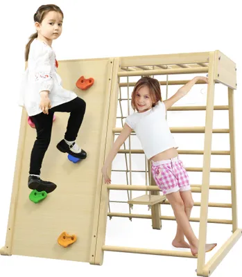 Image de HOMCOM Aire de Jeux 5 en 1 Ensemble d'escalade avec balançoire, échelle Horizontale, Filet à Grimper, Mur d'escalade, Jouets d'escalade pour Enfants, 120 x 105 x 120 cm, Bois d'hêtre Naturel