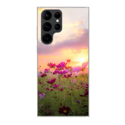 Produktbild von MuchoWow® Handyhülle Schutzhülle Hülle für Samsung Galaxy S22 Ultra Sonnenuntergang - Blumen - Rosa - Natur - Grün Silikon Softcase Handy Hülle - Abbildung
