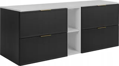 A modern, wall-mounted bathroom cabinet with a dark gray finish and a white top.