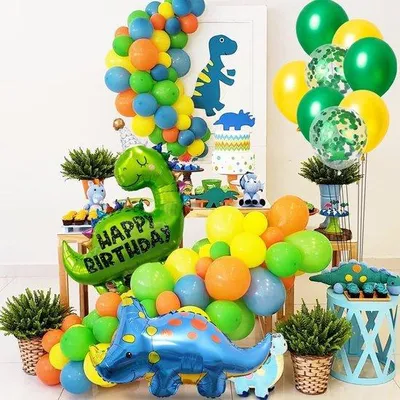 Produktbild von Dinosaurus-Party-Set Grosse Dino Luftballons & Jungle-Thema - Inkl. Happy Birthday Banner - Grün/Gelb - Kindergeburtstag