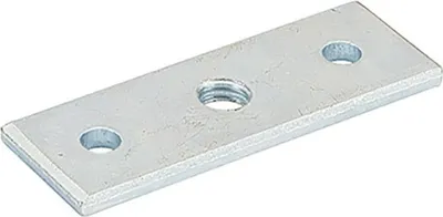 A metal plate with three holes, one threaded in the center, on a white background.