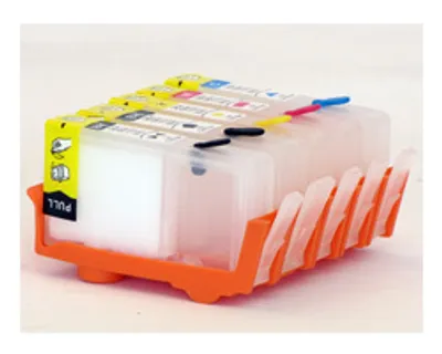 A set of refillable ink cartridges in an orange holder.
