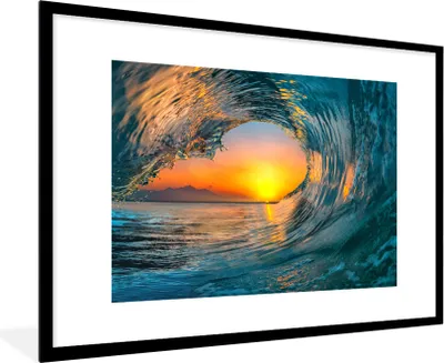 Produktbild von MuchoWow® Gerahmtes Poster Sonnenuntergang - Wasser - Welle - Orange 90x60 cm - Poster mit Schwarzem Bilderrahmen Wandposter Rahmen Foto Bilder - Wanddekoration - Fotos