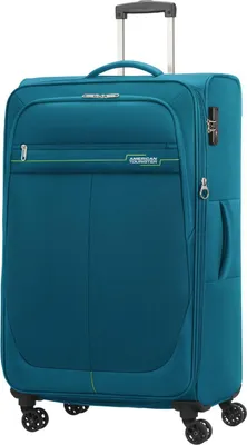A teal American Tourister trolley suitcase is shown from the front.