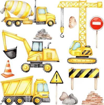Produktbild von Wandaufkleber Kinderzimmer – Wandsticker für Baby & Kinder – Selbstklebende Wanddekoration – Abnehmbar ohne Rückstände – Deko für Mädchen & Jungen - Bauwesen – Arbeitermaschinen und Fahrzeuge in Aquarell130x176 cm