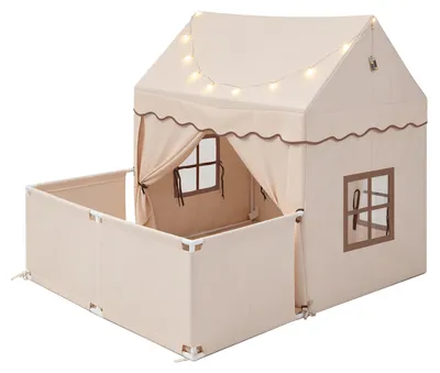 Productafbeelding van COSTWAY Kindertent voor binnen, speeltoestel voor kinderen met een omheining, kinderspeelhuis met een gevoerde mat, sterrenlichtjes, gordijn en raam, geschikt voor kinderen vanaf 3 jaar