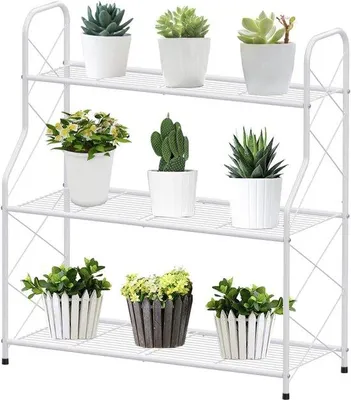 Image de Porte-fleurs métallique ajouré pour balcon et jardin, blanc, 3 niveaux