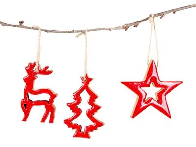 Produktbild von 3 Weihnachtsanhänger Holz Natur Rot Baumschmuck Weihnachtsbaum Stern Hirsch Deko Baumdeko Deko-Anhänger Weihnachten