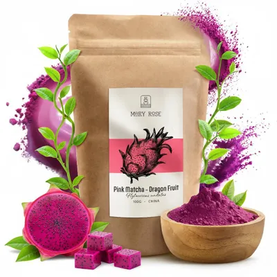 Produktbild von Mary Rose - Pink Matcha Tee Drachenfrucht Pulver 100g - Gefriergetrocknete Pitaya - Superfood für Latte - Lebensmittelfarbstoff - Reich an Vitamin C