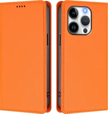 Image de Etui en cuir pour iPhone 14 Pro, étui magnétique en cuirPolyuréthaneavec support Orange
