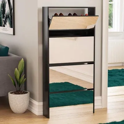 Productafbeelding van Schoenenkast met spiegel - Opbergmeubel - 4 lades - 134 x 63 x 17 cm - Zwart