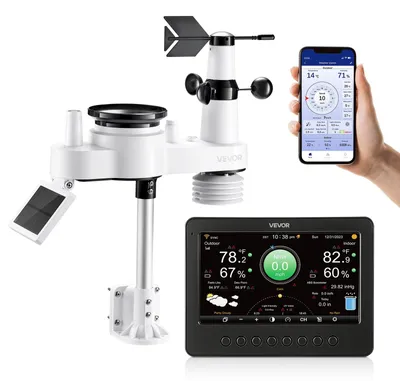Obrázek produktu pro Meteorologická stanice VEVOR 7 v 1 WLAN, 7palcový TFT displej, venkovní čidlo napájené solární energií, meteorologické centrum pro předpověď počasí, rychlost a směr větru, teplotu, vlhkost, srážky
