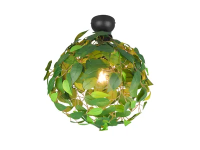 A close-up studio shot of a decorative ceiling lamp with a spherical design covered in artificial green leaves.