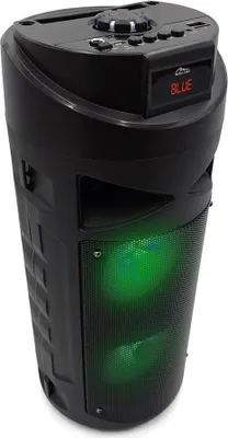 A black portable Bluetooth speaker with green lights inside.