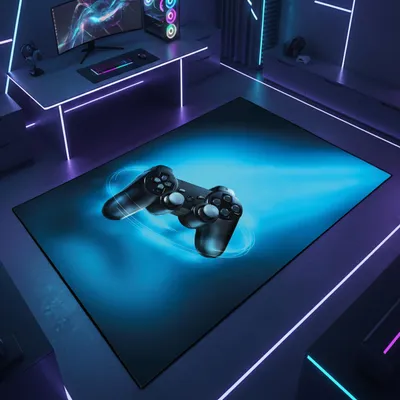 Produktbild von Gaming Teppich mit Joystick und blauem Neon-Strahl Größe - 50 x 90 cm